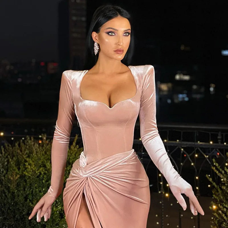 Women's Gown Long Dress - Gloves Sleeve Velvet Slit Maxi Ruched Dress