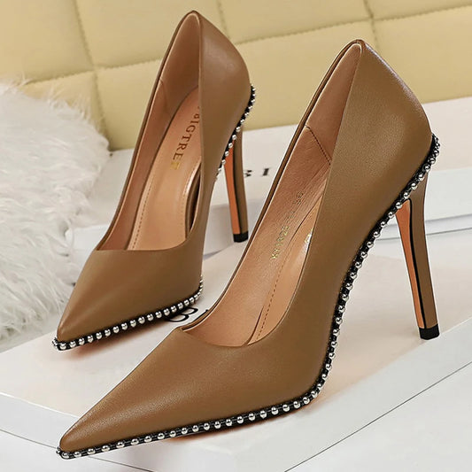 Women's Rivets String Bead PU Leather High Heels Shoes