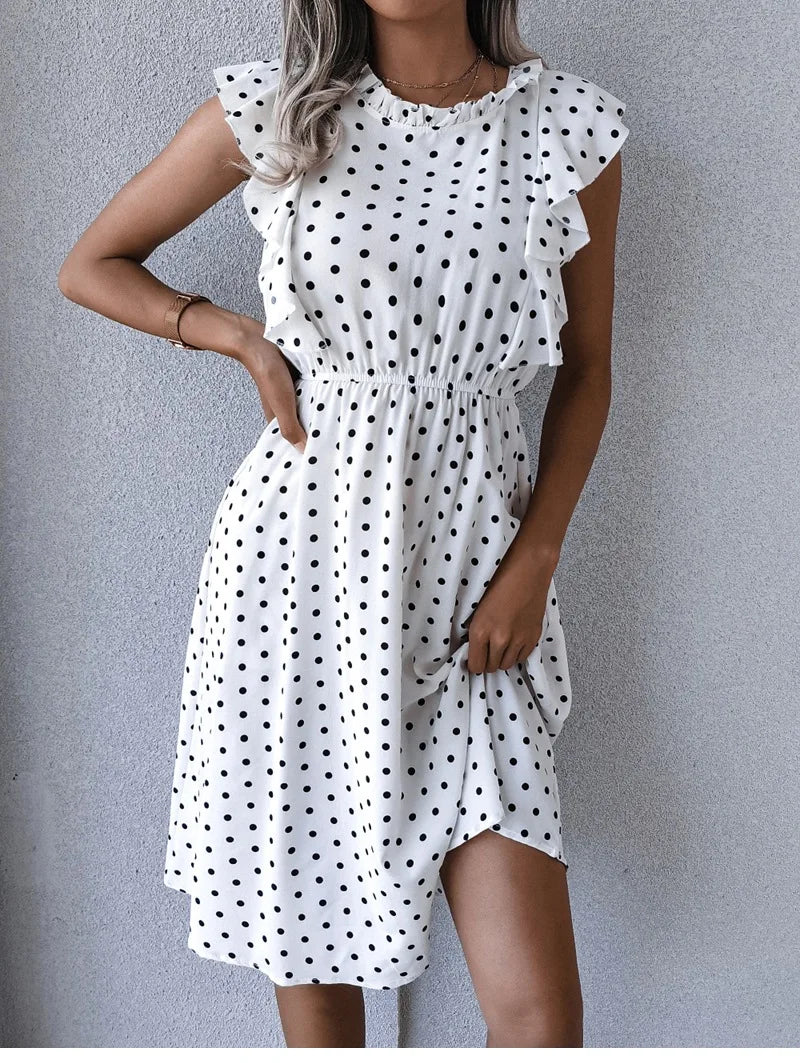 Women's Vintage Butterfly Sleeve Ruffles Heart Dot Print Medium Long Chiffon Spring Summer Dress