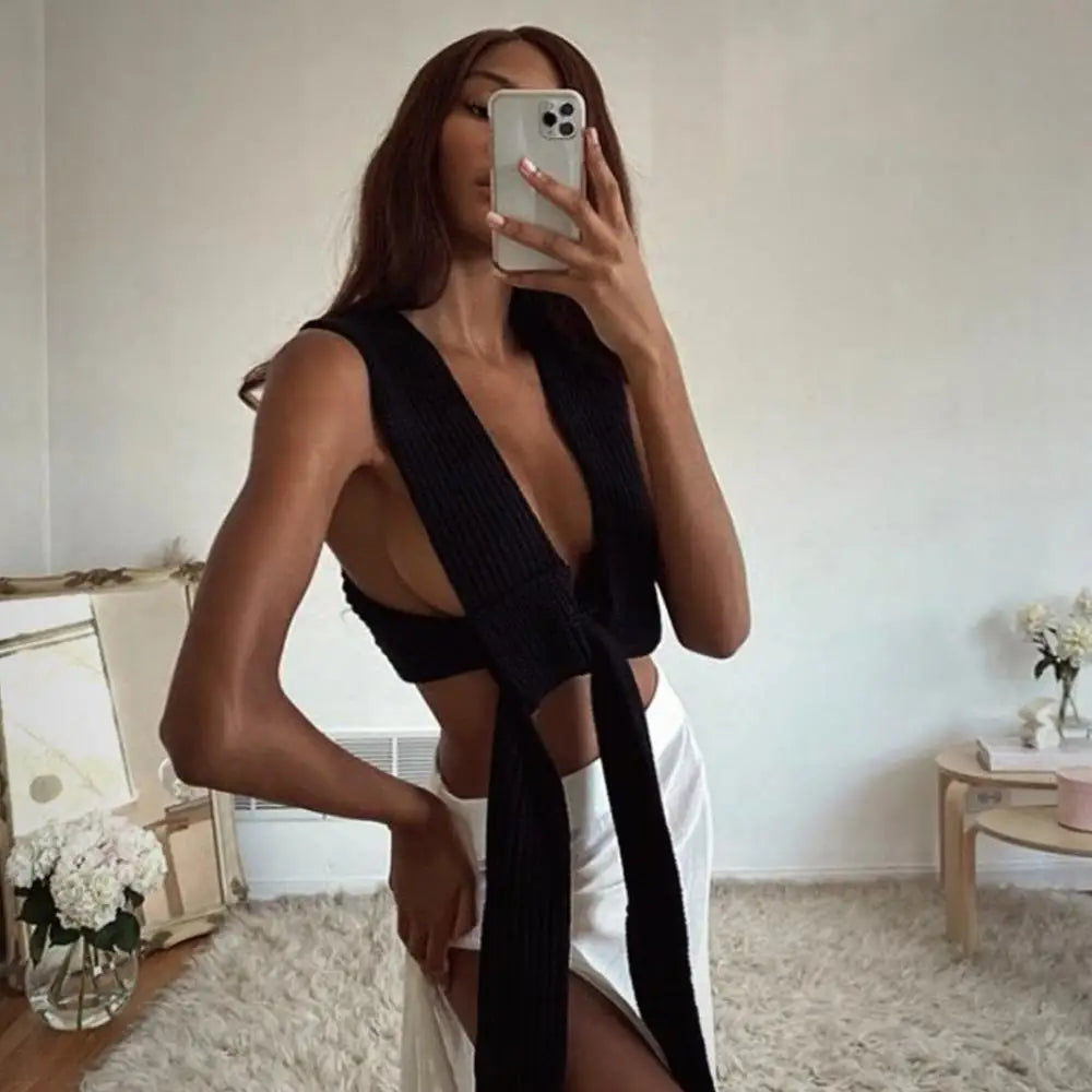 Women's Fall Winter Knitted Crop Top Sleeveless Pullover Bandage Sweater