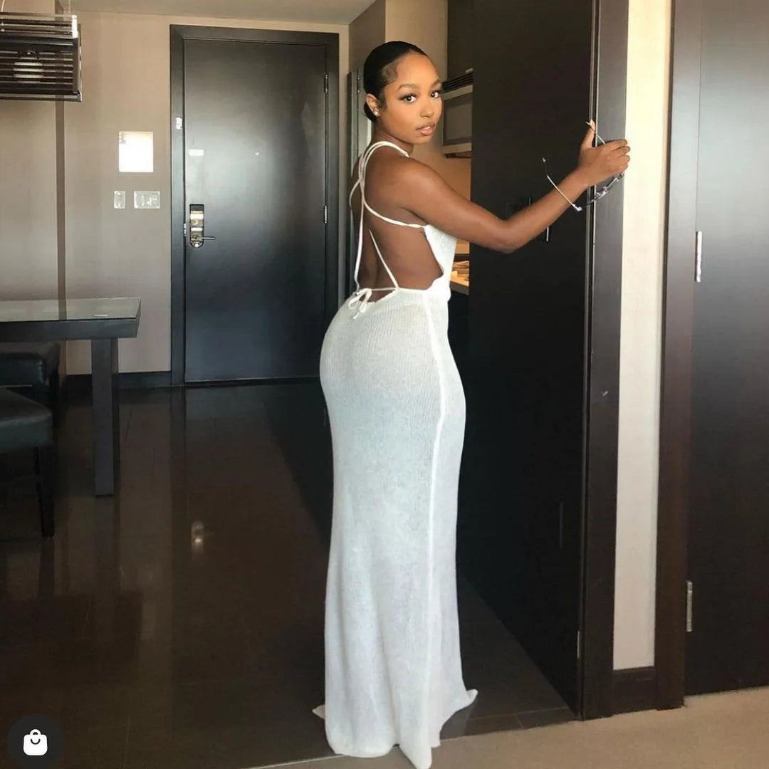 Women's Crochet Beach Maxi See Through Plunge Backless Bandage Sleeveless Lacing Split Long Dresses