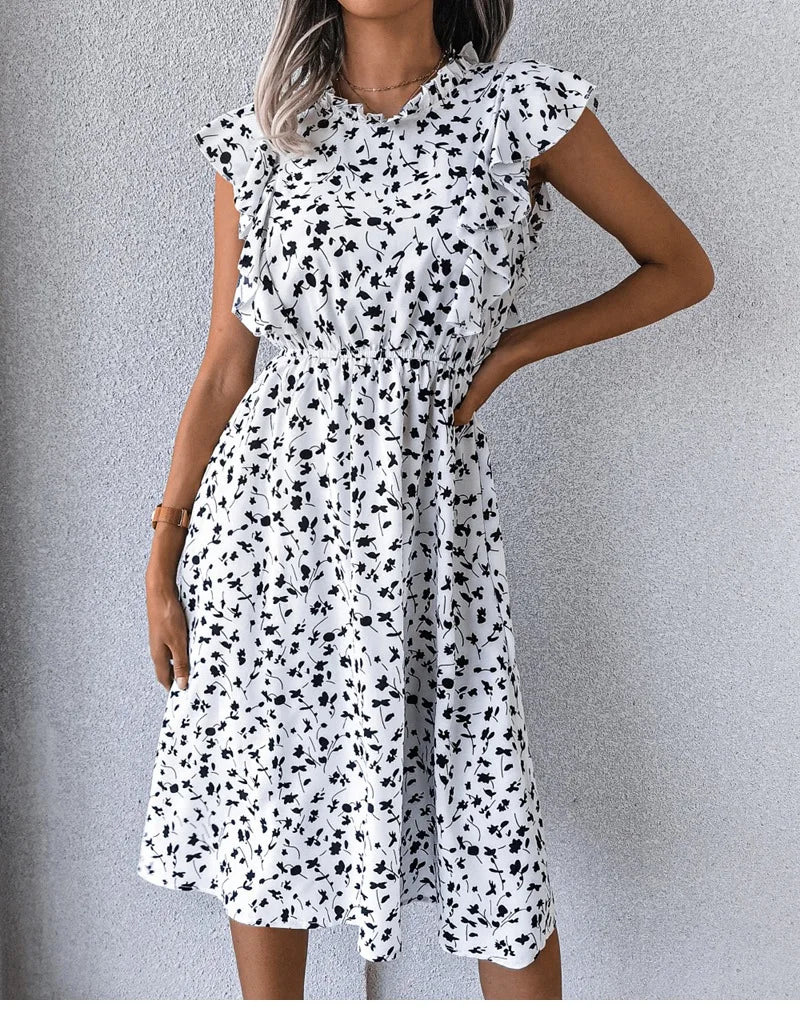 Women's Vintage Butterfly Sleeve Ruffles Heart Dot Print Medium Long Chiffon Spring Summer Dress