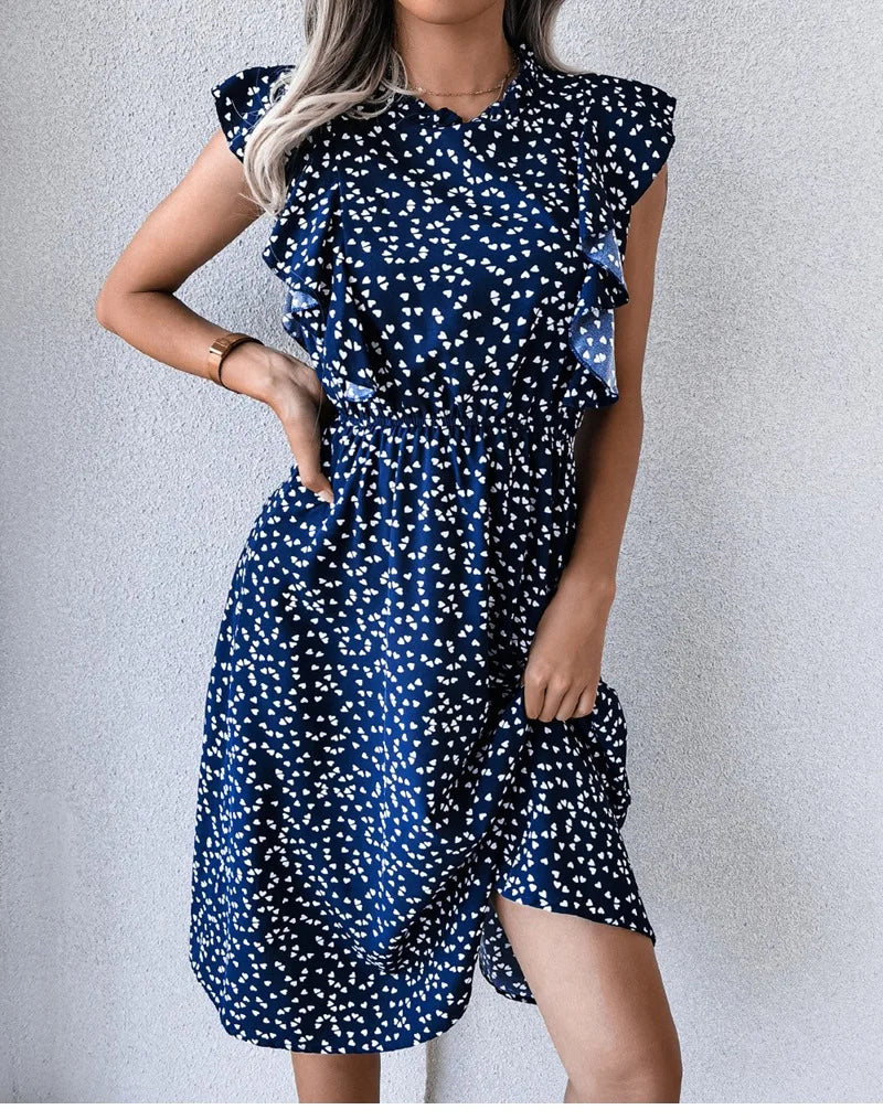 Women's Vintage Butterfly Sleeve Ruffles Heart Dot Print Medium Long Chiffon Spring Summer Dress