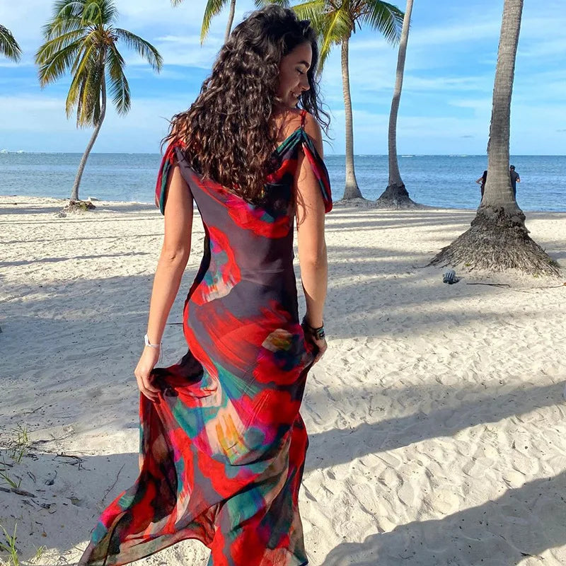 Women's Sleeveless Print Mesh See Through Slip Maxi Dress