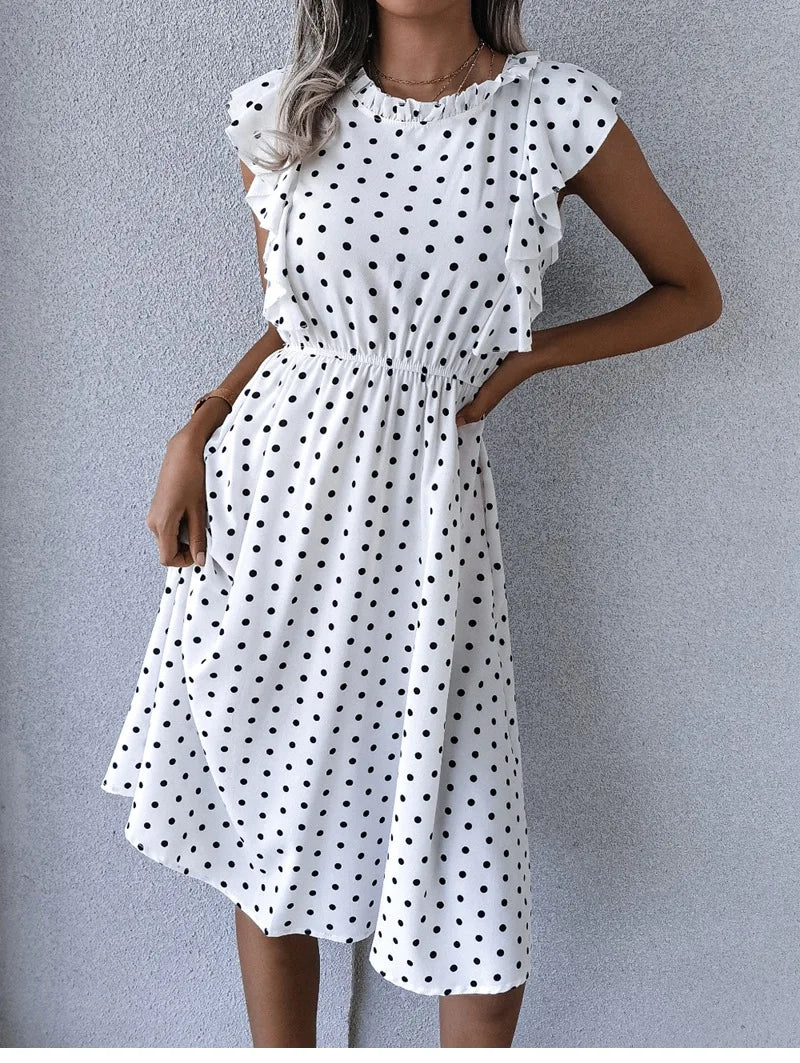Women's Vintage Butterfly Sleeve Ruffles Heart Dot Print Medium Long Chiffon Spring Summer Dress
