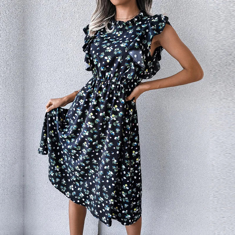 Women's Vintage Butterfly Sleeve Ruffles Heart Dot Print Medium Long Chiffon Spring Summer Dress
