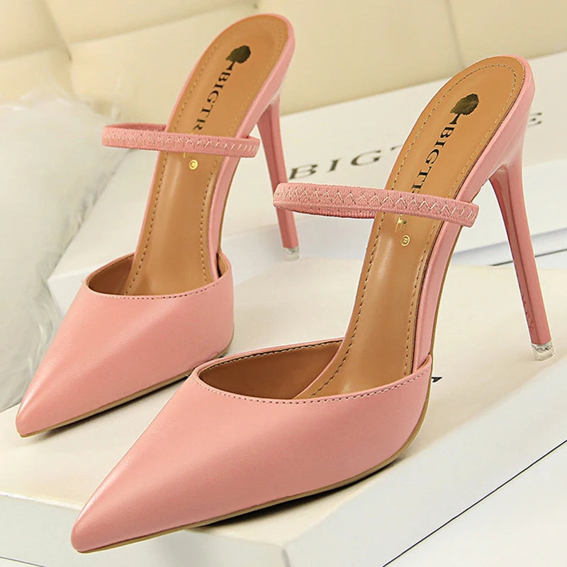Women's Summer High Heels Slippers PU Heeled Stiletto Shoes