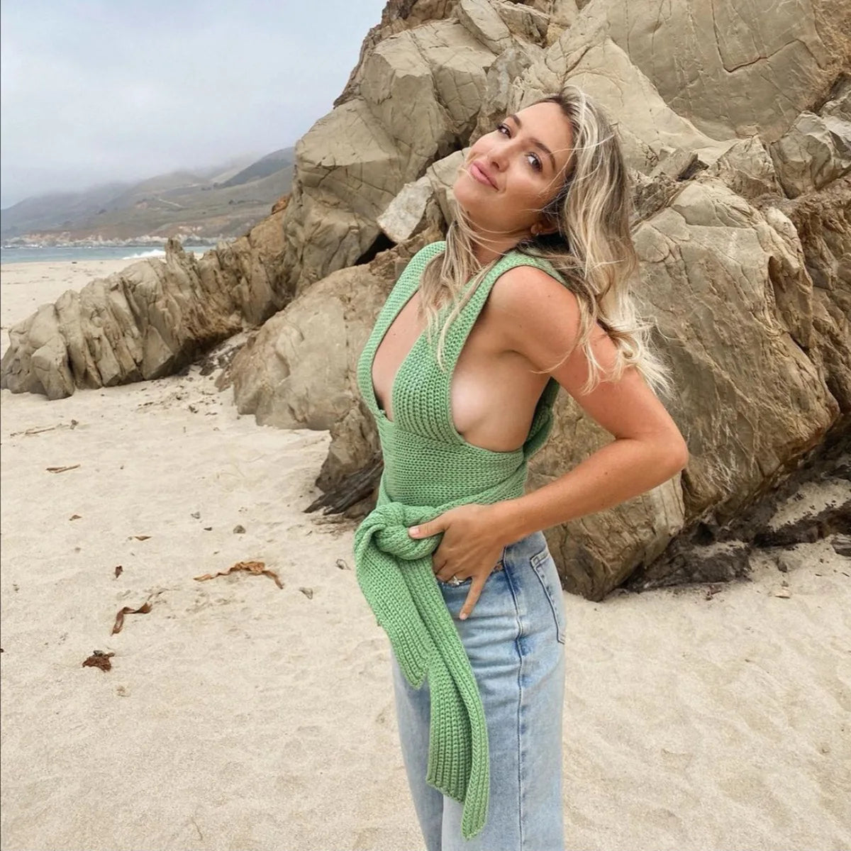 Women's Fall Winter Knitted Crop Top Sleeveless Pullover Bandage Sweater