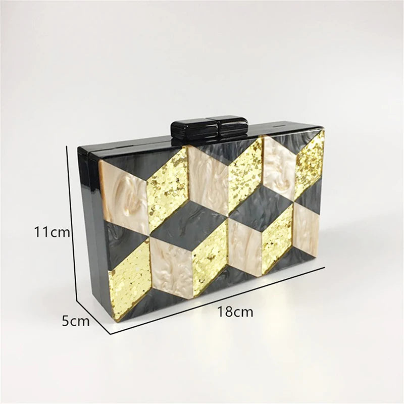 Stylish Black & Gold Glitter Rhombus Acrylic Evening Clutch - Luxury Party Chain Shoulder Bag