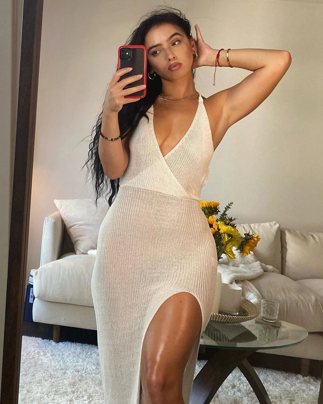 Women's Crochet Beach Maxi See Through Plunge Backless Bandage Sleeveless Lacing Split Long Dresses