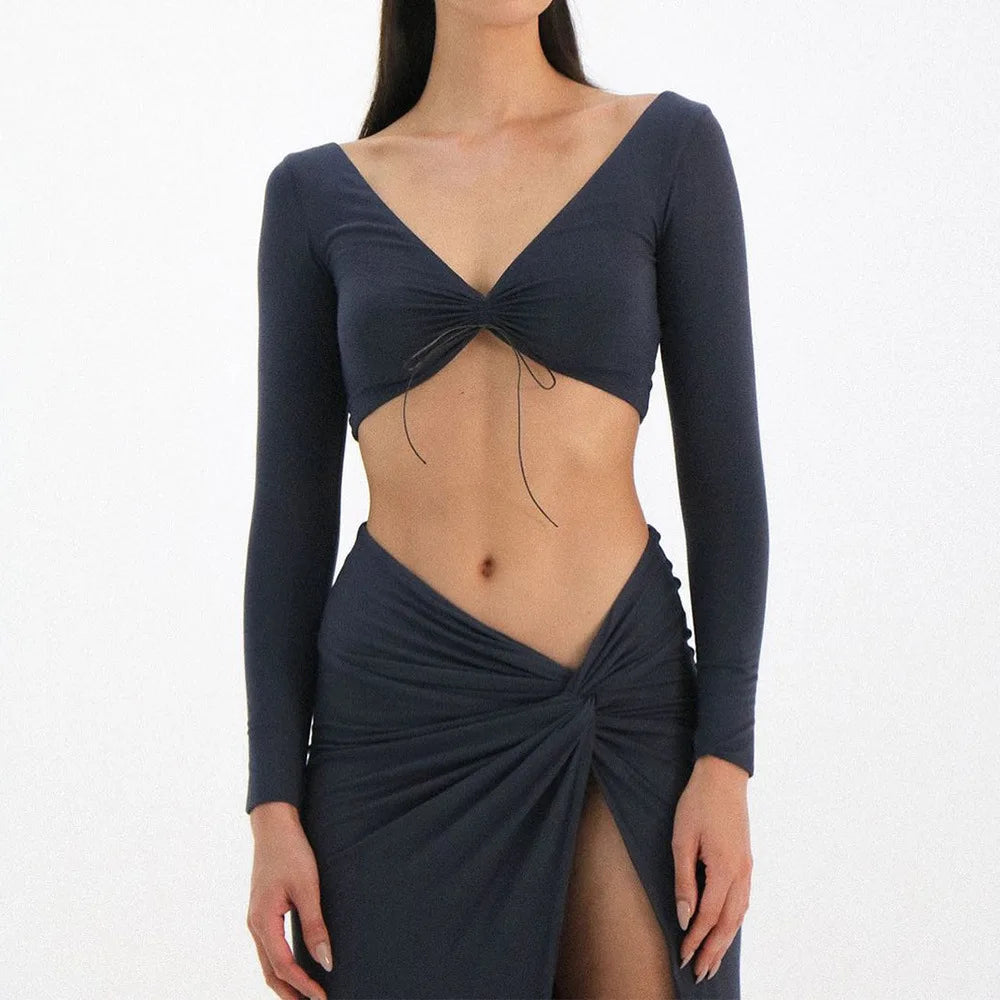 Women's Top and Skirt Set - Drawstring Ruched Long Sleeve Two Piece Set