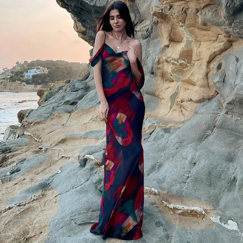 Women's Sleeveless Print Mesh See Through Slip Maxi Dress