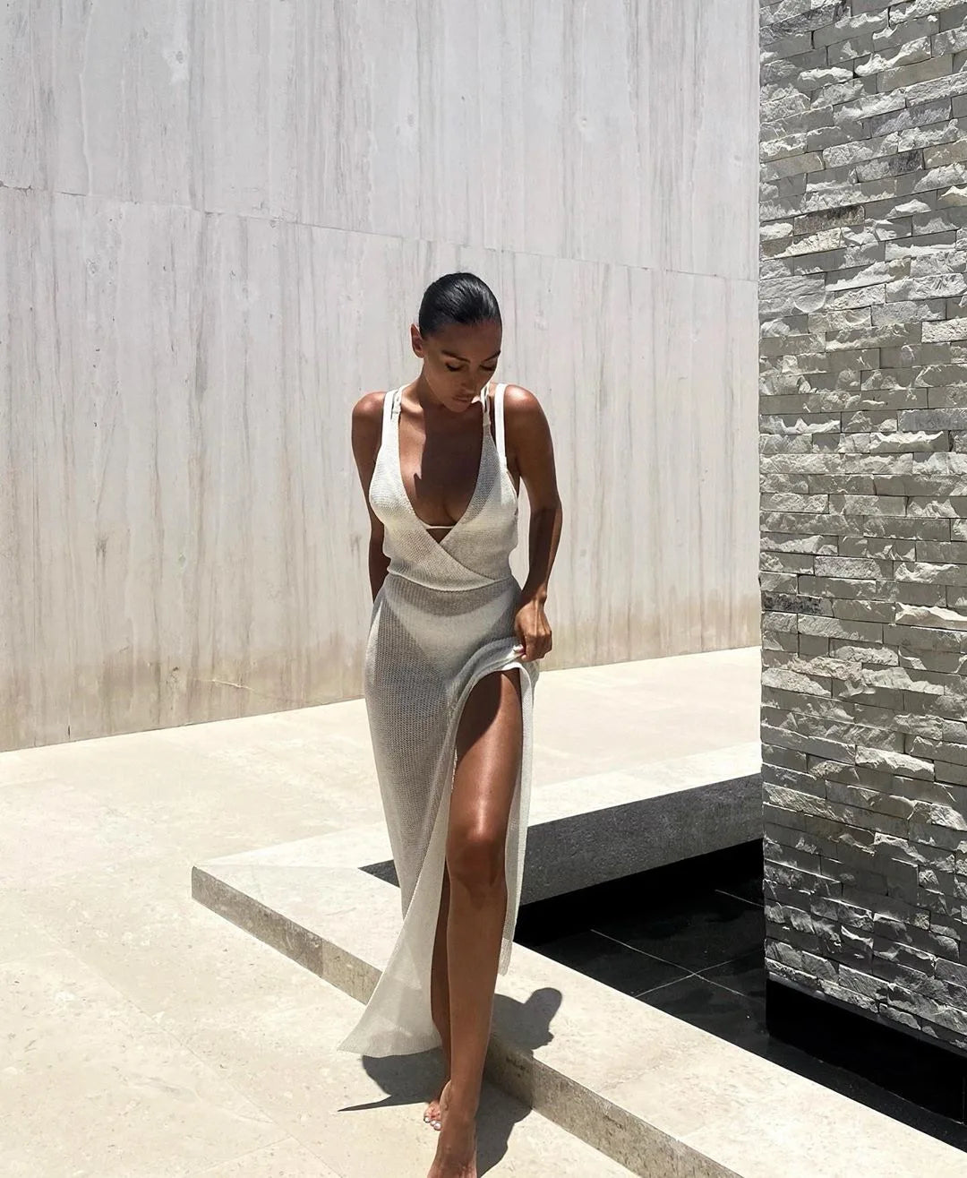 Women's Crochet Beach Maxi See Through Plunge Backless Bandage Sleeveless Lacing Split Long Dresses
