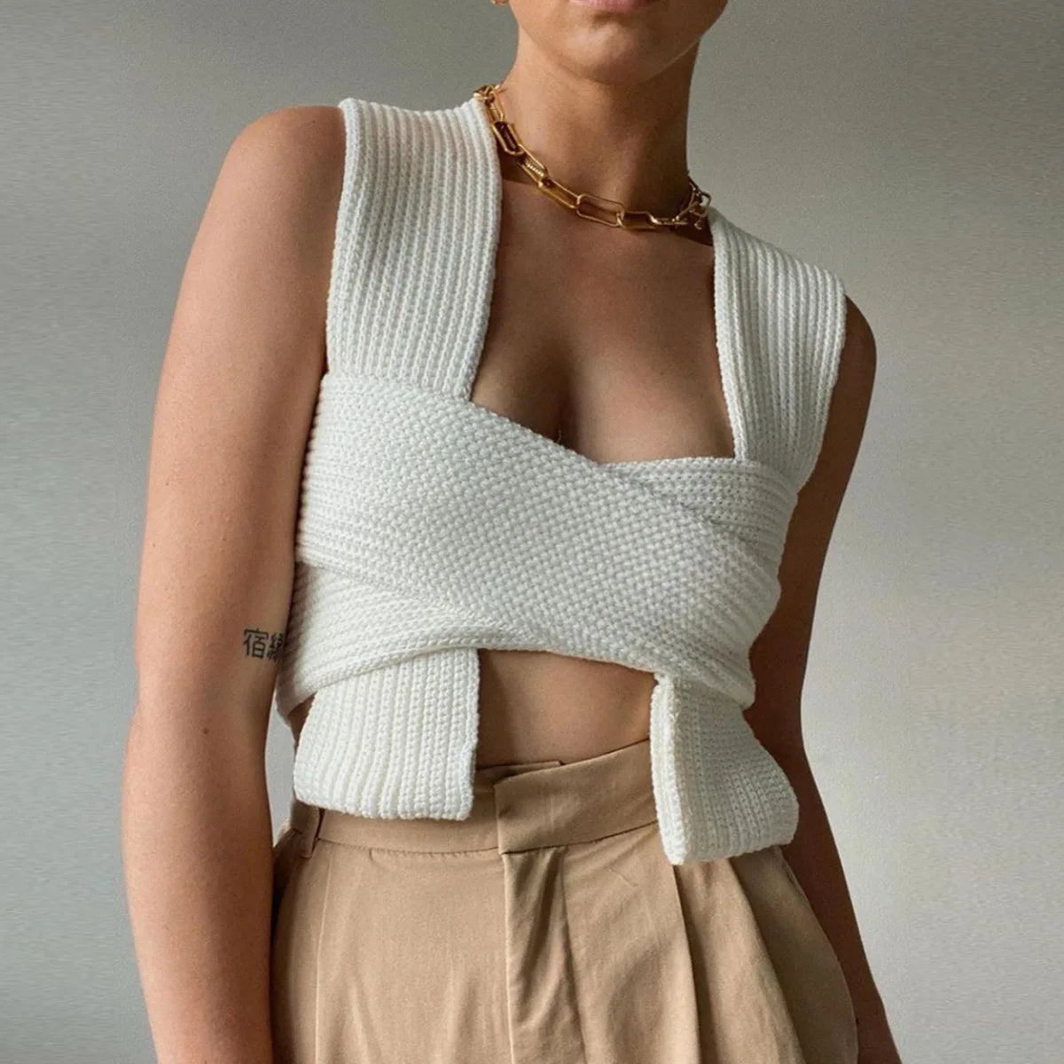Women's Fall Winter Knitted Crop Top Sleeveless Pullover Bandage Sweater