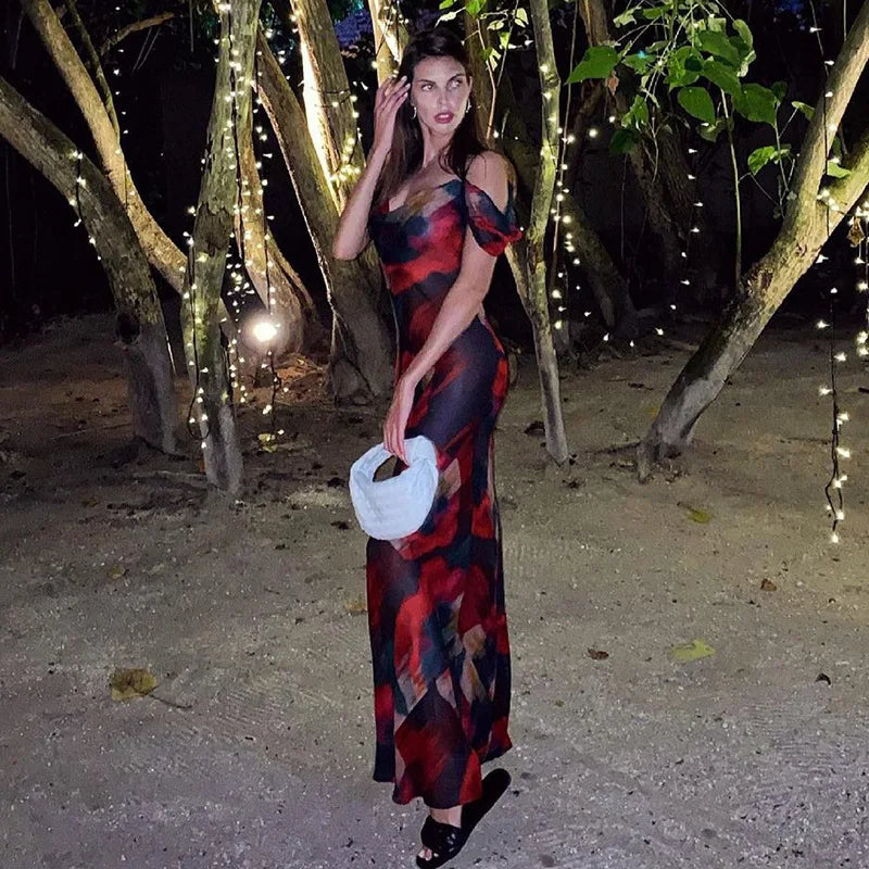Women's Sleeveless Print Mesh See Through Slip Maxi Dress