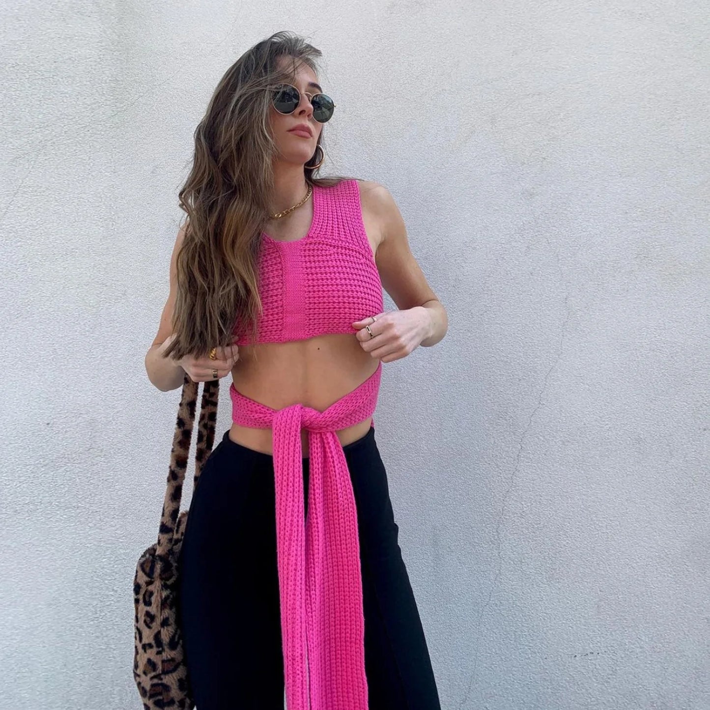 Women's Fall Winter Knitted Crop Top Sleeveless Pullover Bandage Sweater