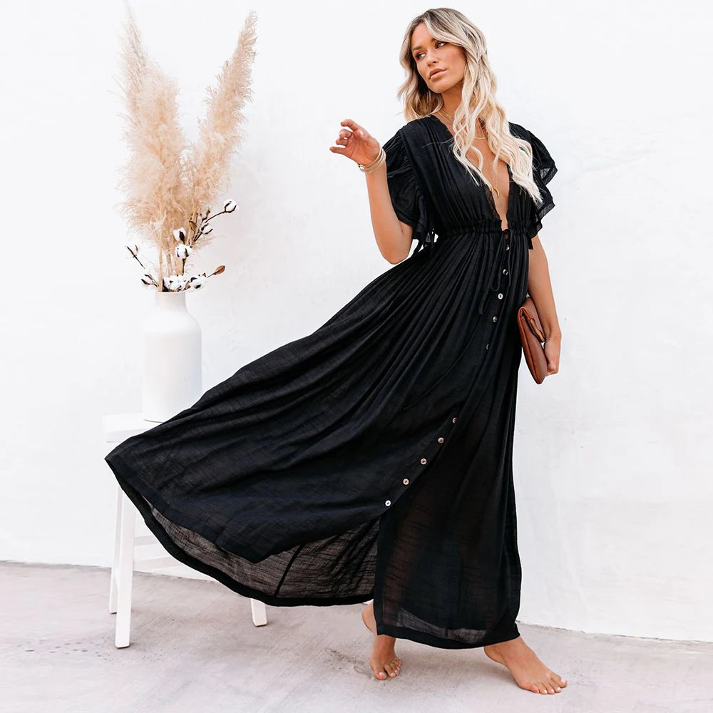 Women's Swimsuit Cover Ups Mandarin Sleeve Kaftan Beach Tunic Beach Dress
