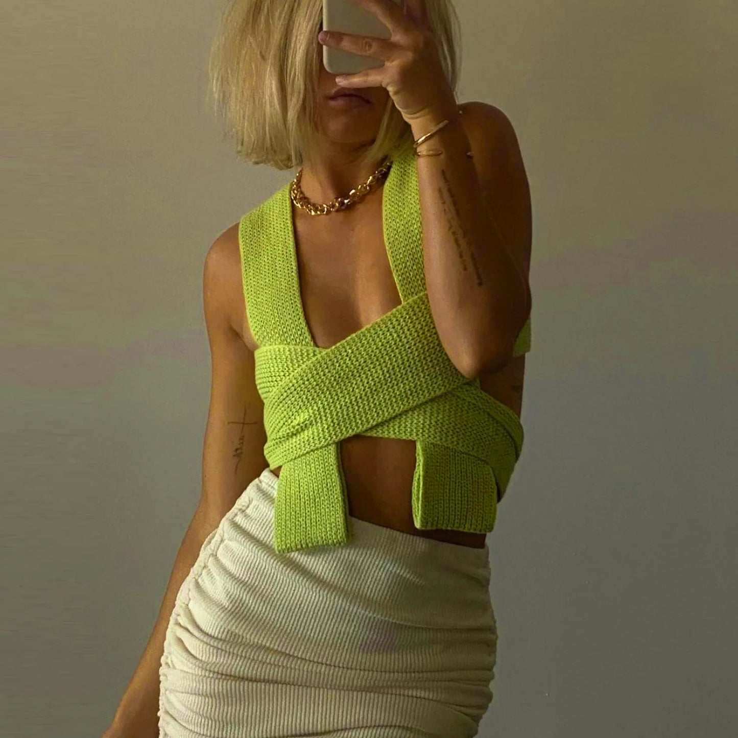 Women's Fall Winter Knitted Crop Top Sleeveless Pullover Bandage Sweater