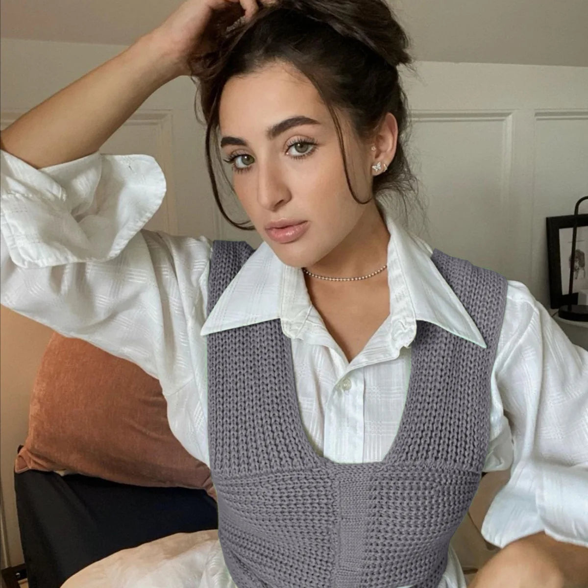 Women's Fall Winter Knitted Crop Top Sleeveless Pullover Bandage Sweater