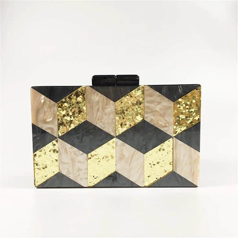 Stylish Black & Gold Glitter Rhombus Acrylic Evening Clutch - Luxury Party Chain Shoulder Bag