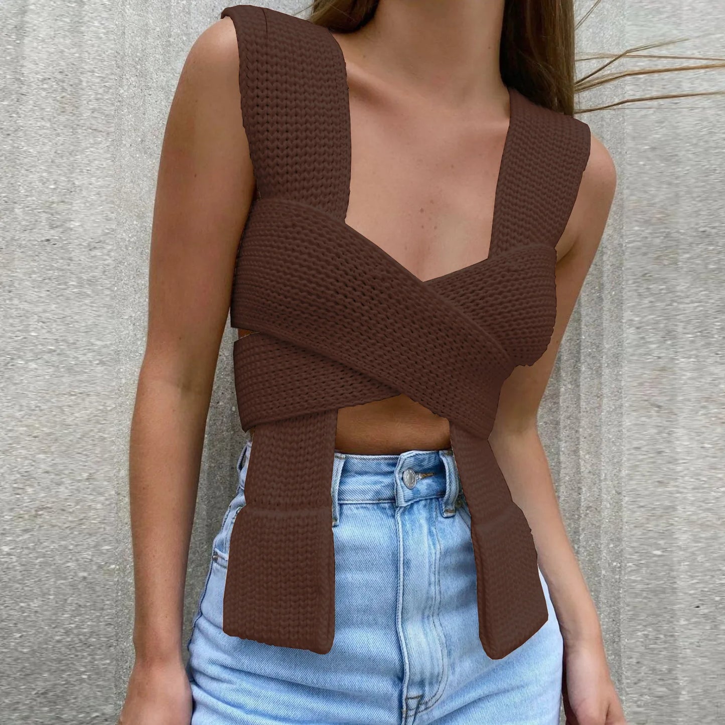 Women's Fall Winter Knitted Crop Top Sleeveless Pullover Bandage Sweater