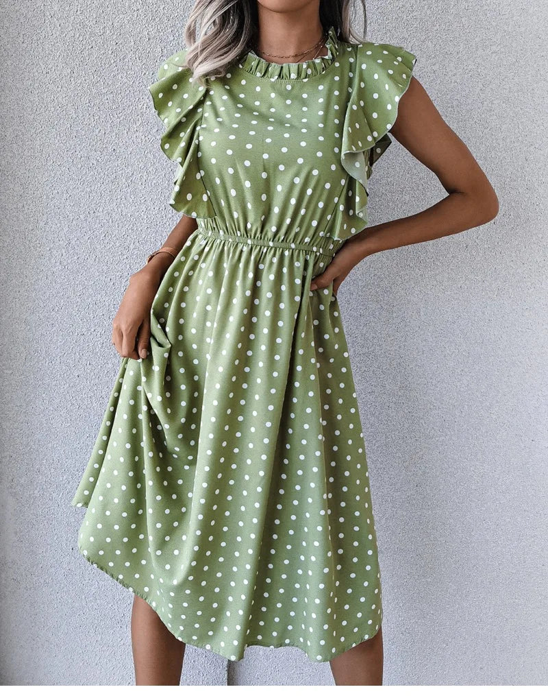 Women's Vintage Butterfly Sleeve Ruffles Heart Dot Print Medium Long Chiffon Spring Summer Dress