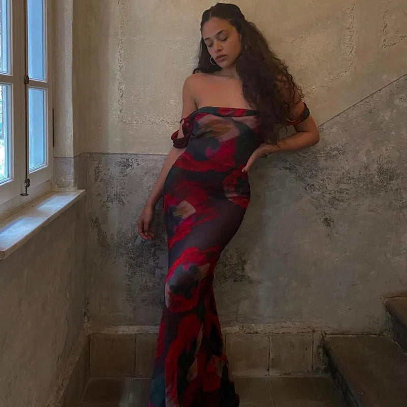 Women's Sleeveless Print Mesh See Through Slip Maxi Dress