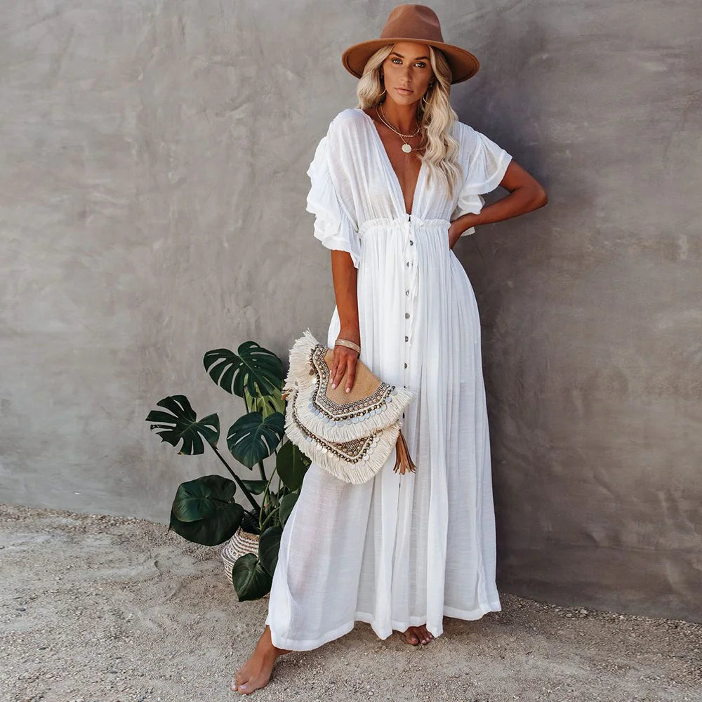 Women's Swimsuit Cover Ups Mandarin Sleeve Kaftan Beach Tunic Beach Dress