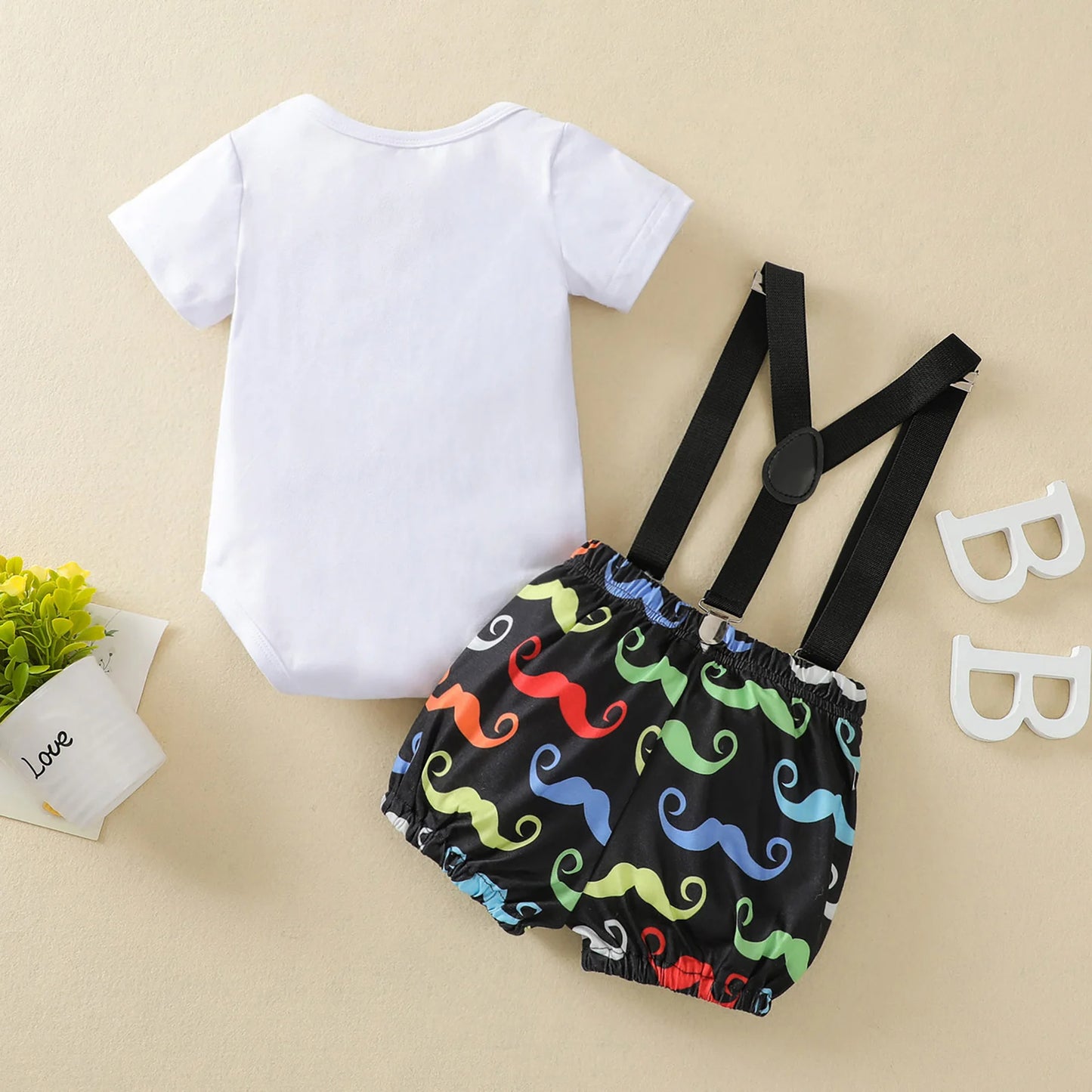 Baby Boy's 1st Birthday Outfit Set - Cartoon Print Romper with Bowknot & Overalls