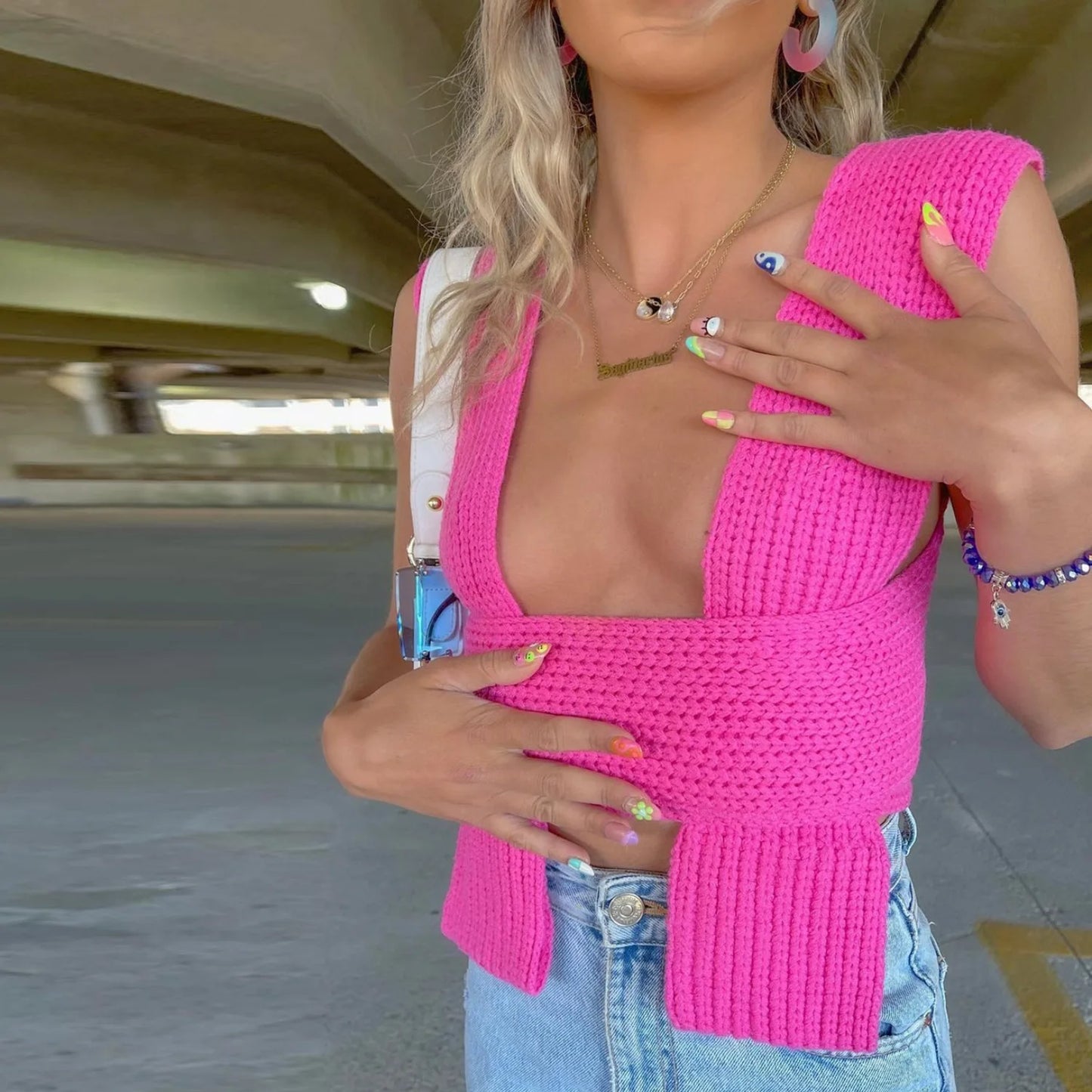 Women's Fall Winter Knitted Crop Top Sleeveless Pullover Bandage Sweater