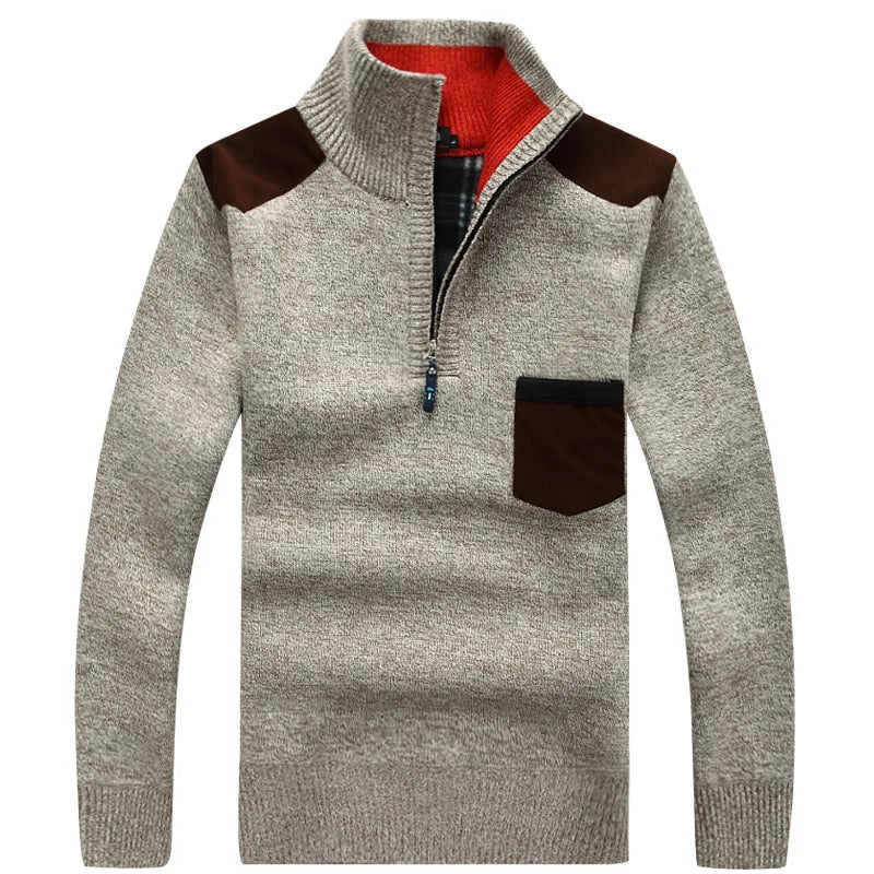 Men's Knitted Wool Fleece Thick Casual Pullover Patchwork Warm Pocket Standing Collar Sweater