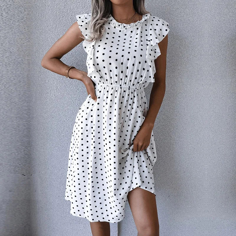 Women's Vintage Butterfly Sleeve Ruffles Heart Dot Print Medium Long Chiffon Spring Summer Dress
