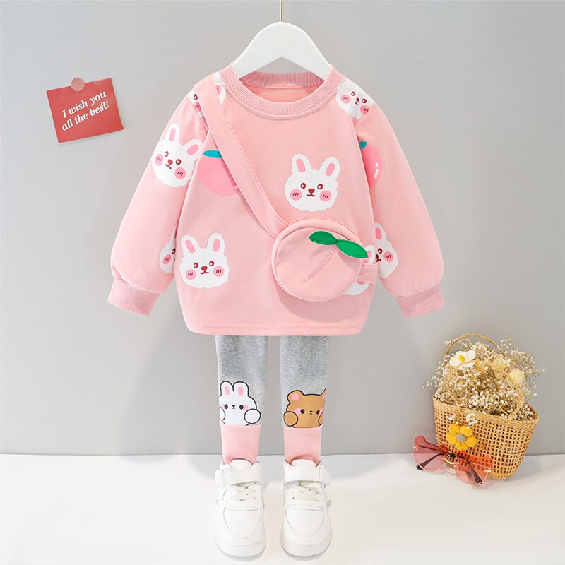 Girl's Cartoon Rabbit Long Sleeve T Shirt and Pants 2PCS Outfit Set