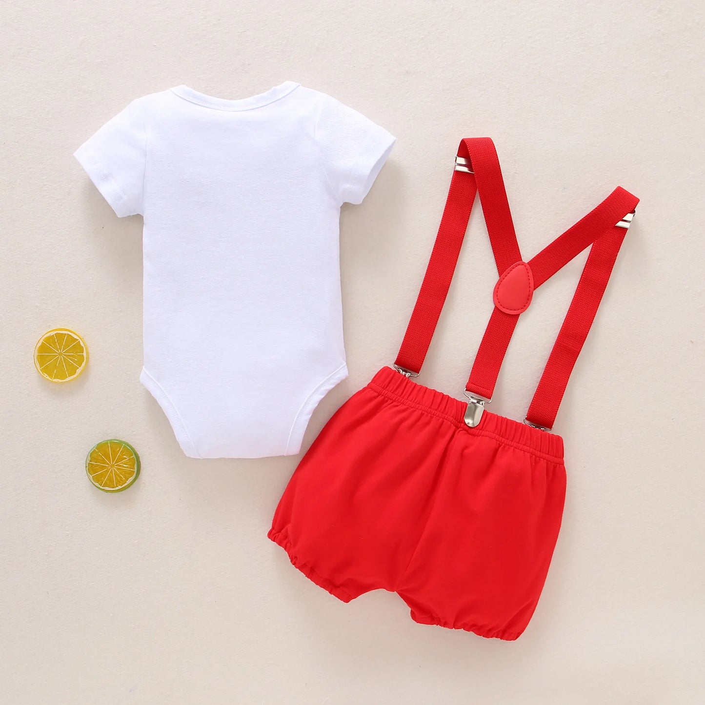Baby Boy's 1st Birthday Outfit Set - Cartoon Print Romper with Bowknot & Overalls