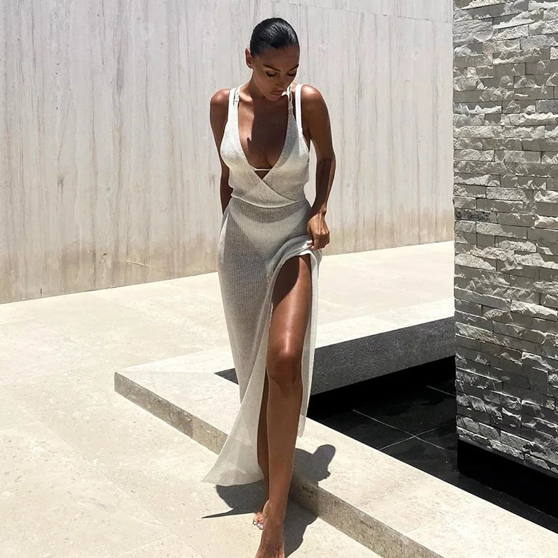 Women's Crochet Beach Maxi See Through Plunge Backless Bandage Sleeveless Lacing Split Long Dresses