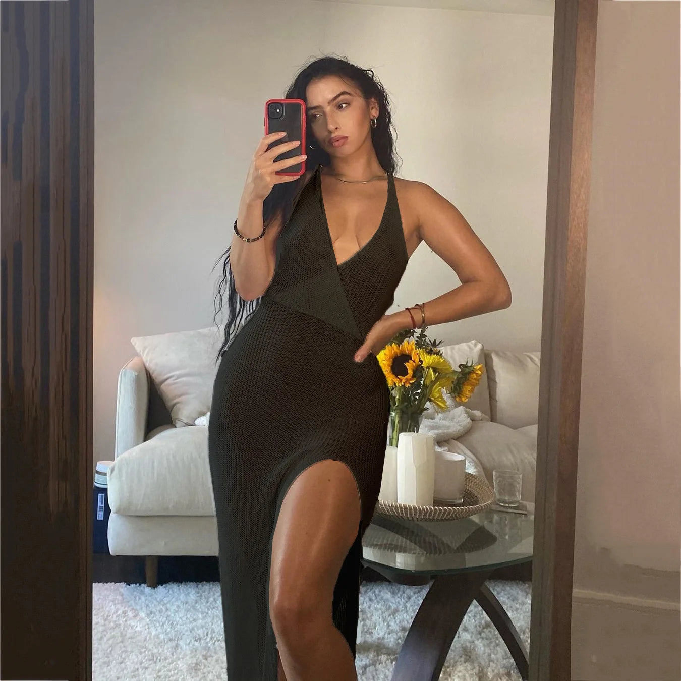 Women's Crochet Beach Maxi See Through Plunge Backless Bandage Sleeveless Lacing Split Long Dresses