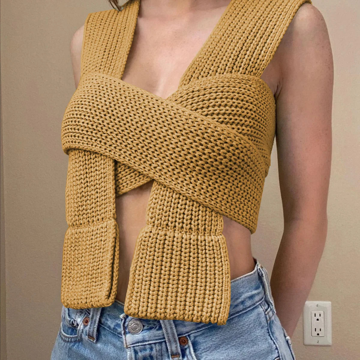 Women's Fall Winter Knitted Crop Top Sleeveless Pullover Bandage Sweater