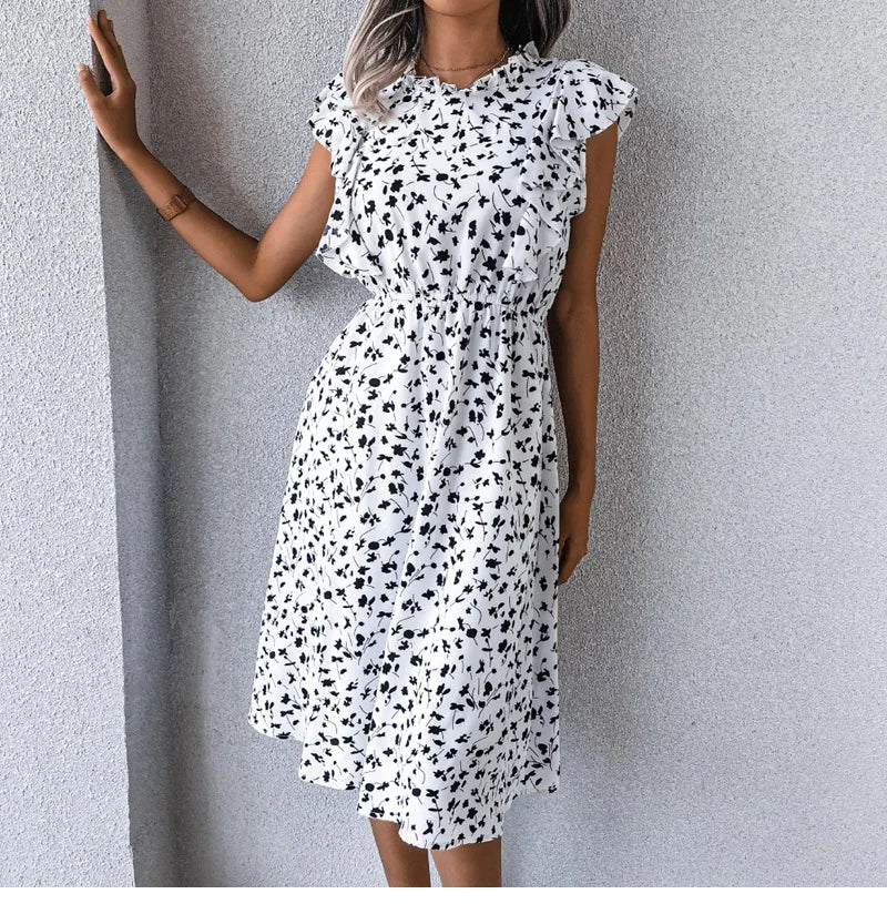 Women's Vintage Butterfly Sleeve Ruffles Heart Dot Print Medium Long Chiffon Spring Summer Dress