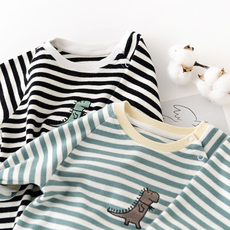 Baby's Striped Cotton Rompers Dinosaur Embroidery Babygrow