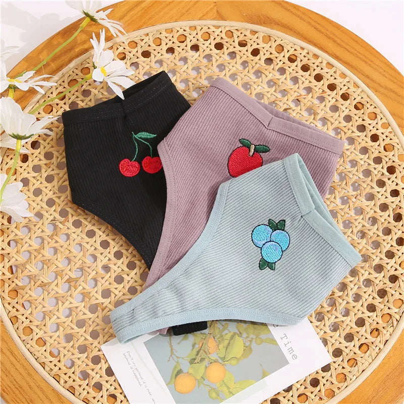 Women's Fruit Embroidery Thongs Cotton T-back Underpants G-string V Waist Underwear Bikini Lingerie