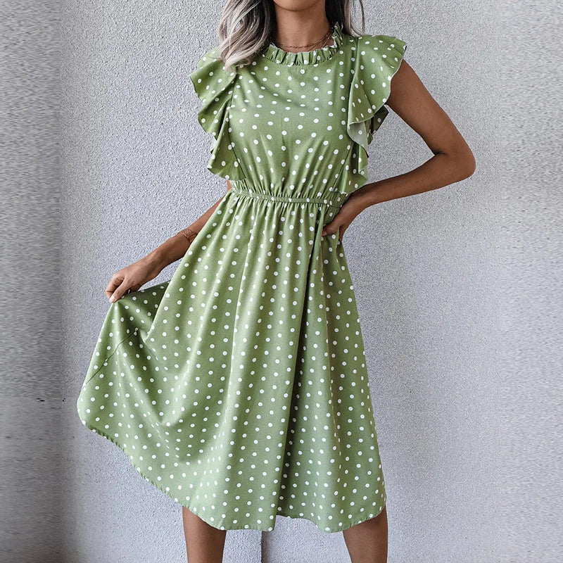 Women's Vintage Butterfly Sleeve Ruffles Heart Dot Print Medium Long Chiffon Spring Summer Dress