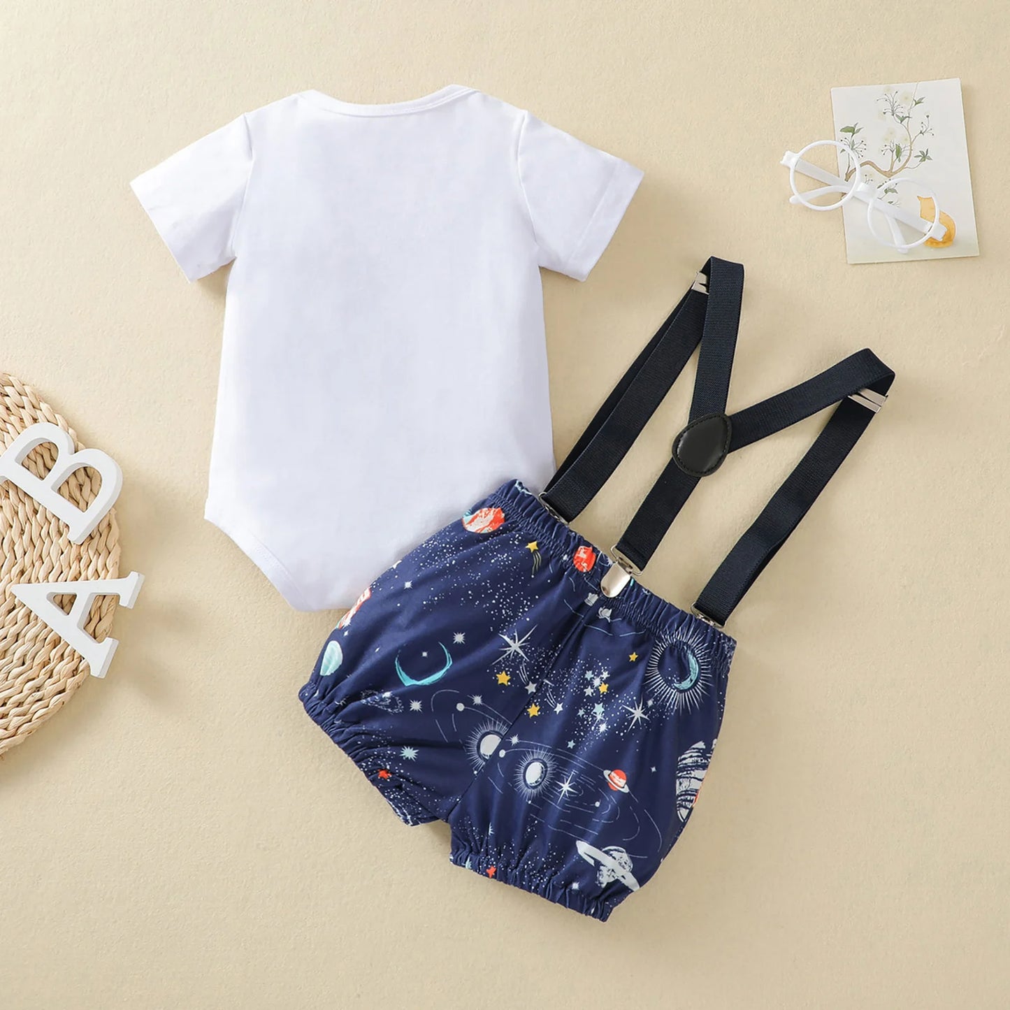 Baby Boy's 1st Birthday Outfit Set - Cartoon Print Romper with Bowknot & Overalls