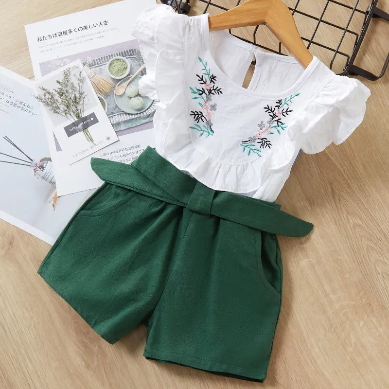 Girls Summer Feather Outfit Set - Sleeveless Top & Bandage Shorts