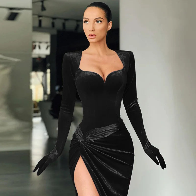 Women's Gown Long Dress - Gloves Sleeve Velvet Slit Maxi Ruched Dress