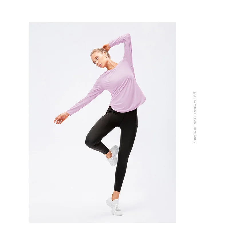 UPF50+ Women's Workout Shirt Loose Long Sleeve Sports Top Breathable Quick Dry Yoga Exercise Fitness Running Shirt