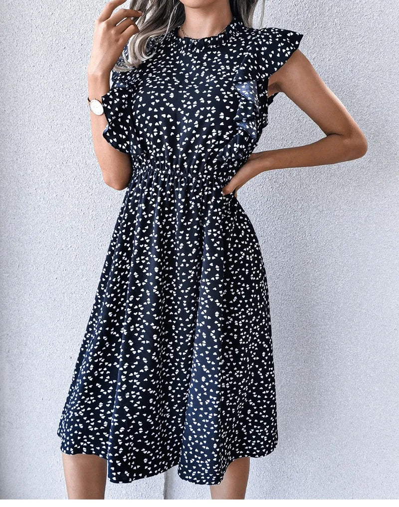 Women's Vintage Butterfly Sleeve Ruffles Heart Dot Print Medium Long Chiffon Spring Summer Dress