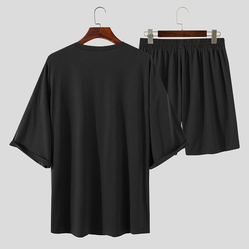 Men's Round Neck Half Sleeve T Shirt and Elastic Waist Shorts Set