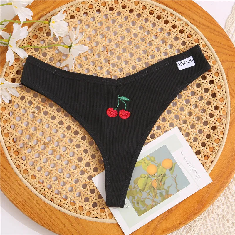 Women's Fruit Embroidery Thongs Cotton T-back Underpants G-string V Waist Underwear Bikini Lingerie