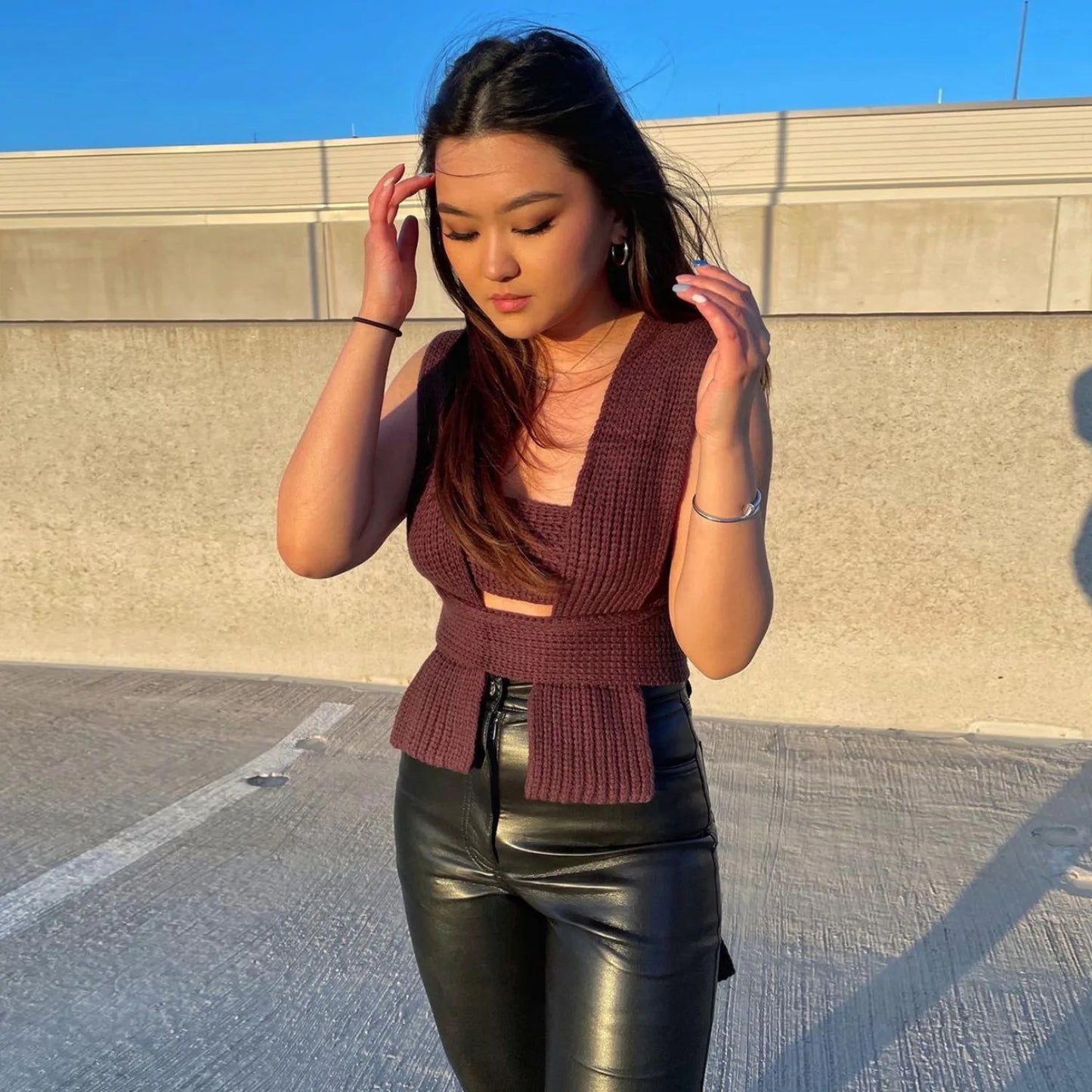 Women's Fall Winter Knitted Crop Top Sleeveless Pullover Bandage Sweater