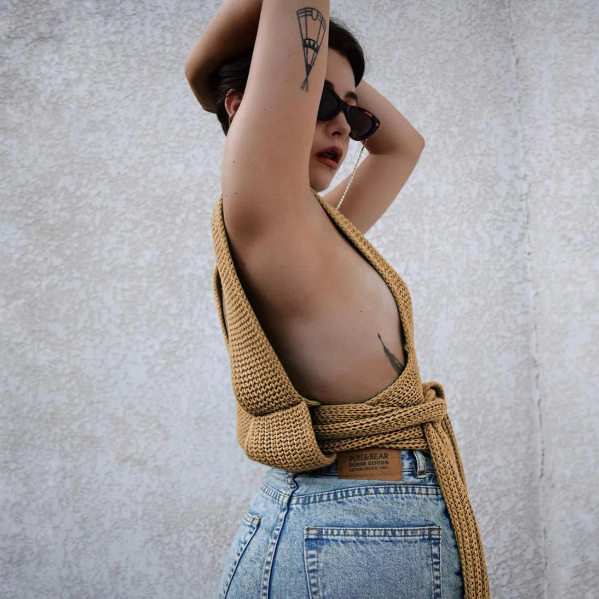 Women's Fall Winter Knitted Crop Top Sleeveless Pullover Bandage Sweater